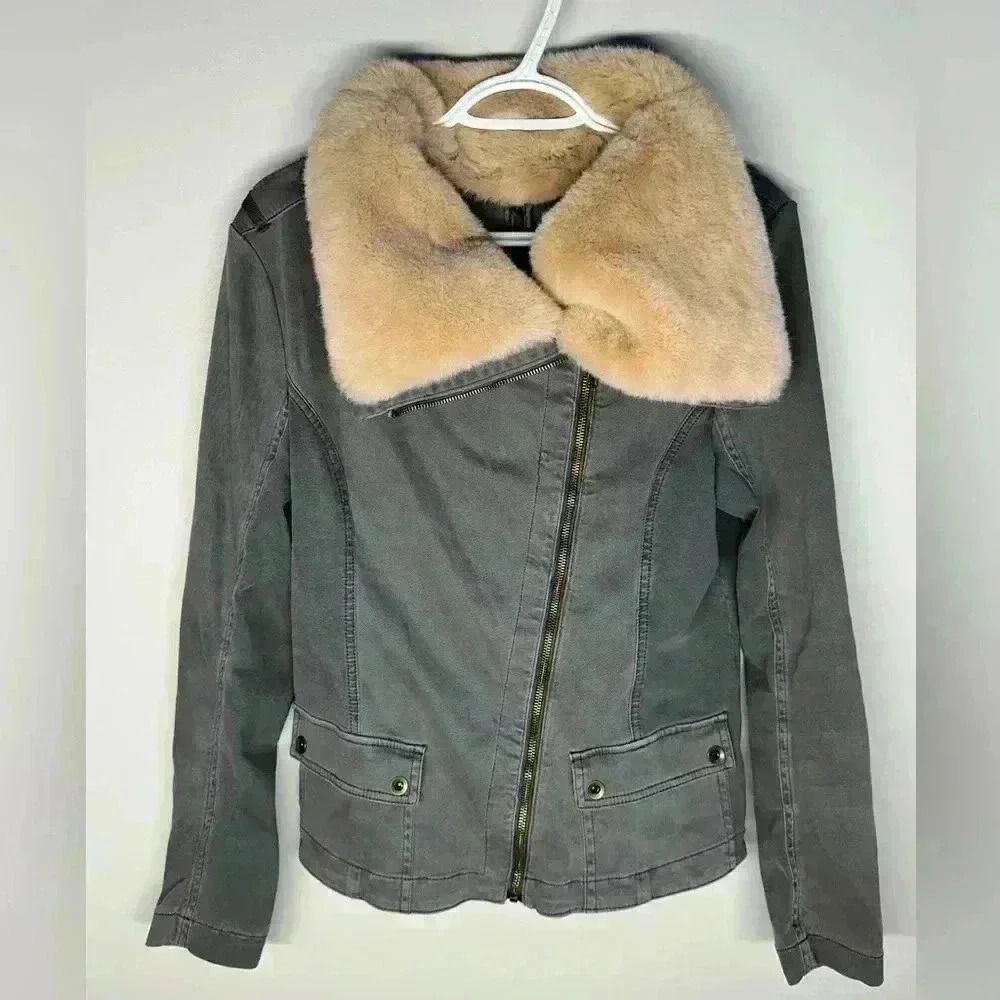 Anthropologie Marrakech Faux Fur Aviator Moto Jacket | Olive Grey | Size M - Picture 2 of 16